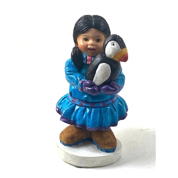 Native American Girl Figurine Holding Puffin Inuit Alaskan - Picture 5 of 6